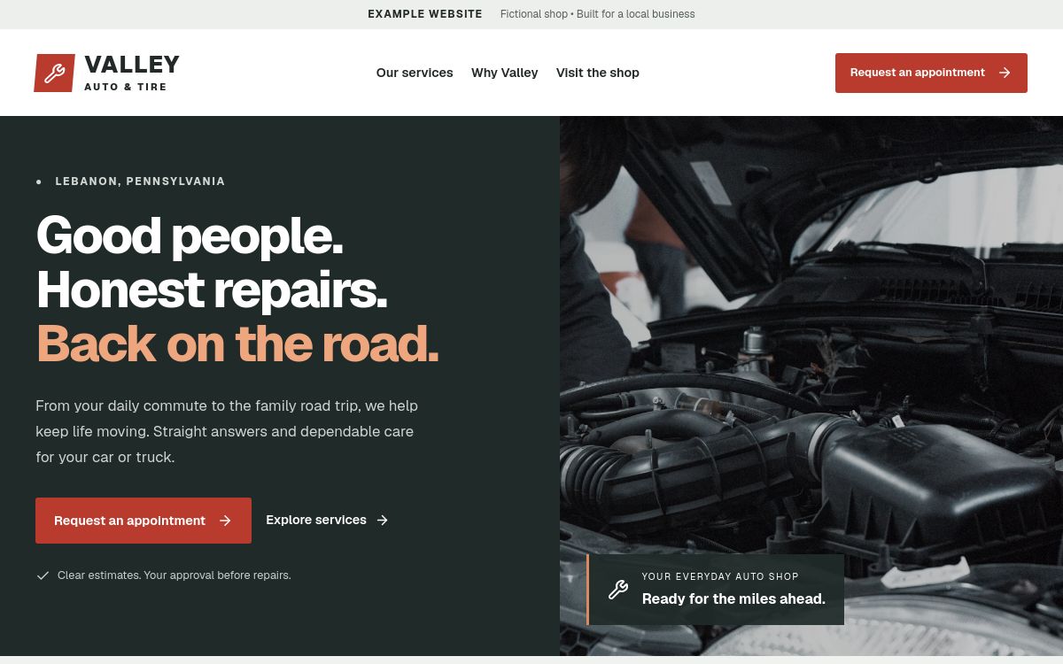 Automotive website example with clear services, a repair shop photograph, and an appointment request button