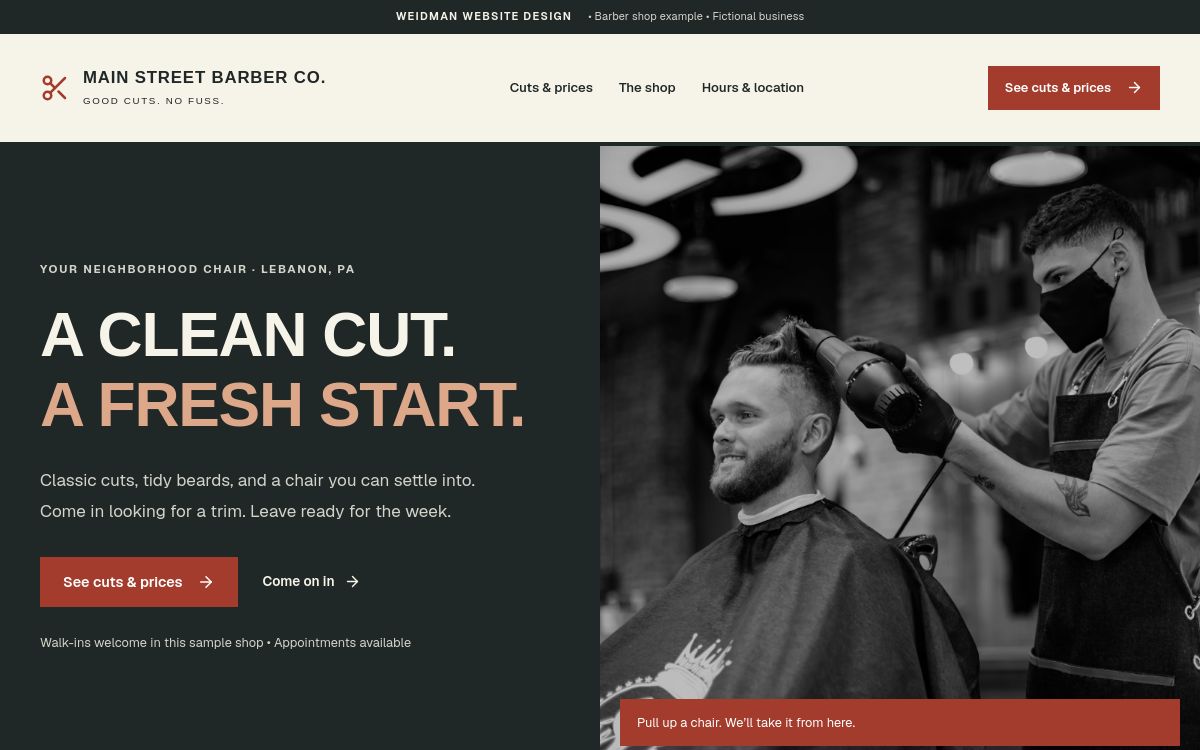Main Street Barber Co. barber shop website preview