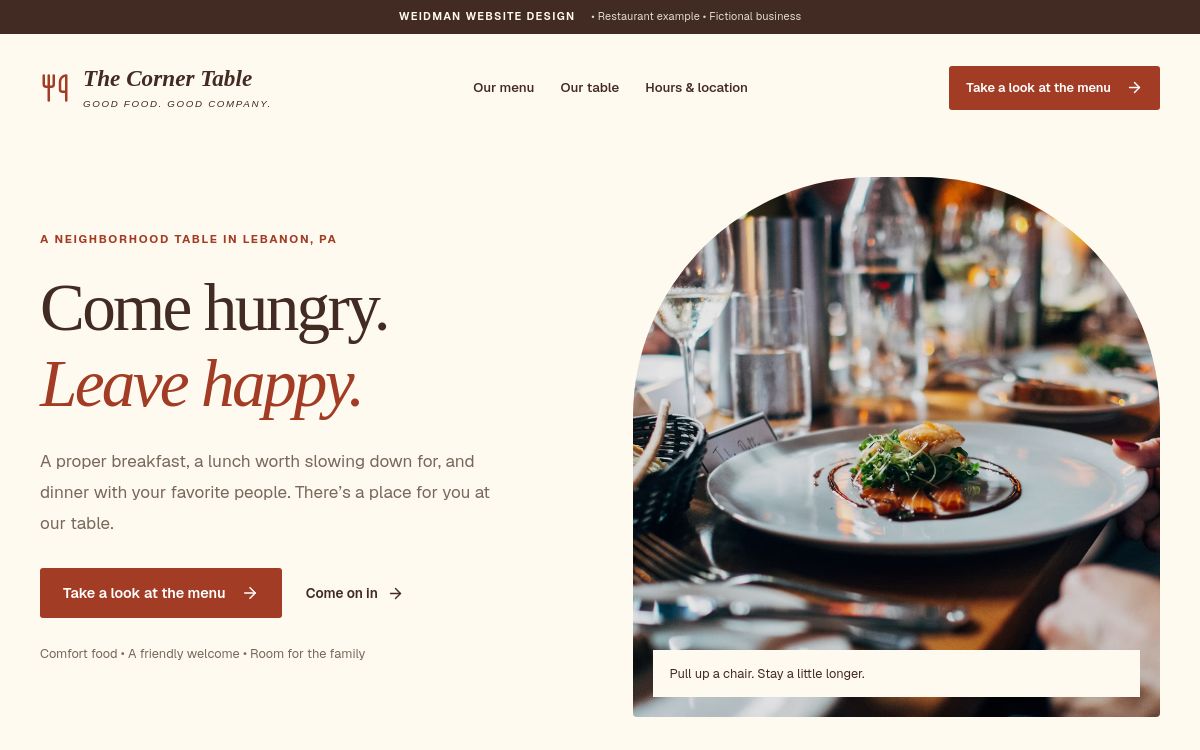 The Corner Table restaurant website preview
