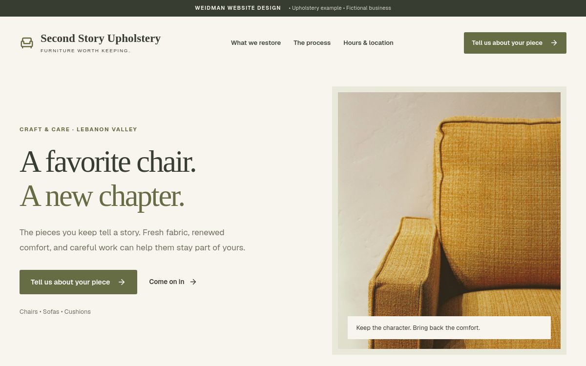 Second Story Upholstery website preview